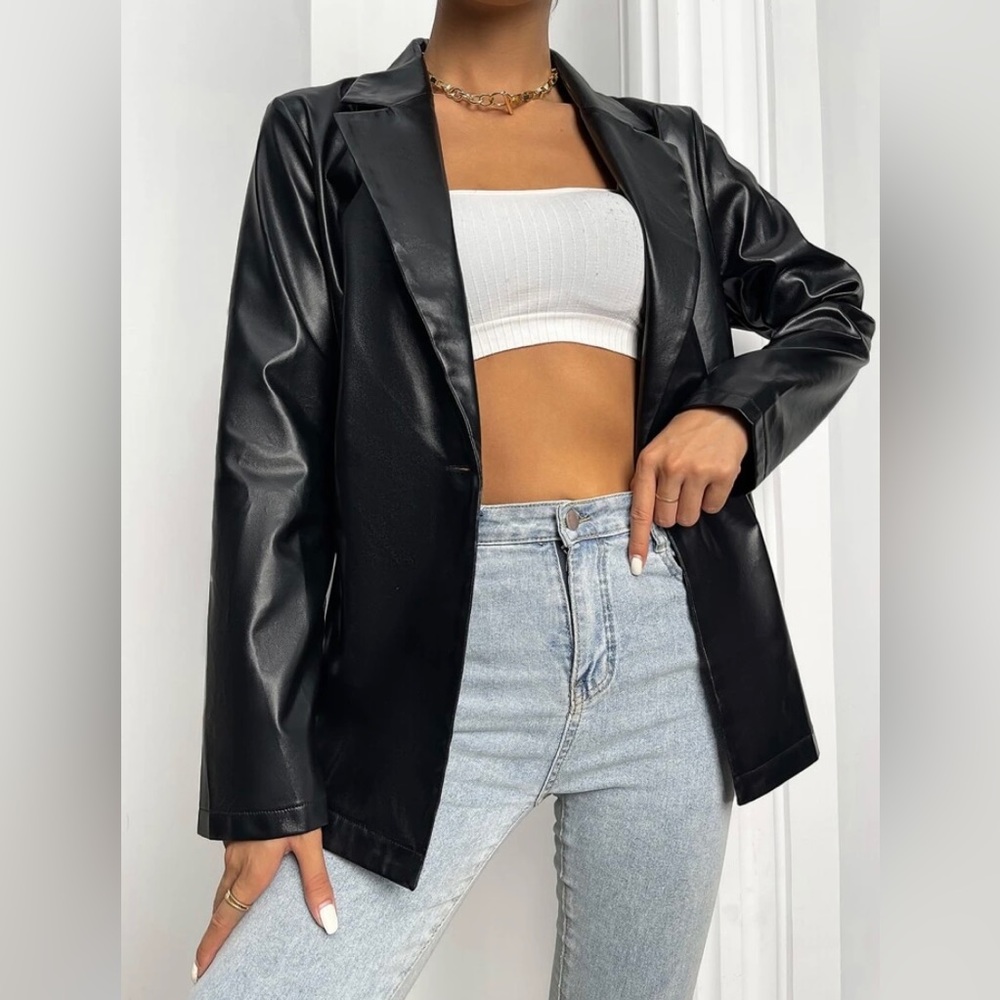 Lapel Collar Single Button PU Leather Blazer Large